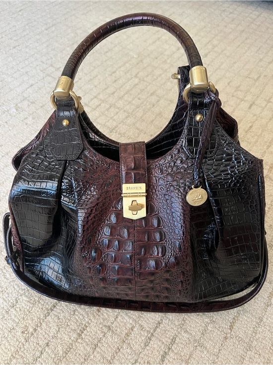 Brahmin Handbags - Brahmin Elisa Satchel Bordeaux Melbourne Embossed Croc Leather Bag Brown Gold